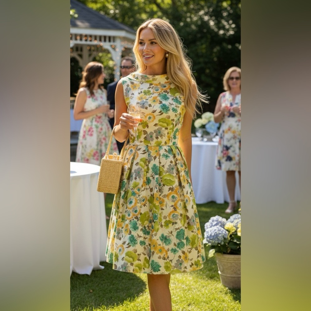 Vintage 50s 60s Floral Fit & Flare Dress Julie Miller Garden Party Trad Wife